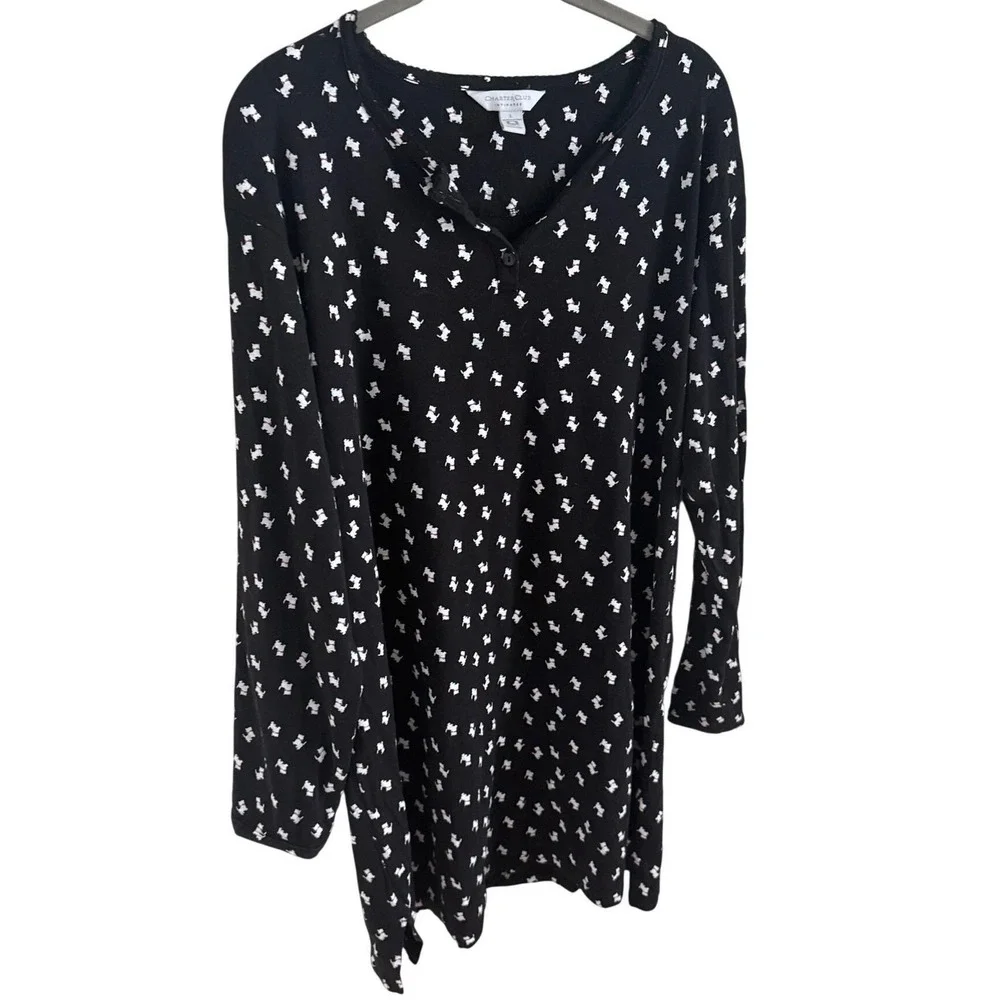 Charter Club 100% Cotton Scottie Dog Sleep Shirt Black White Henley Large - Picture 4 of 6